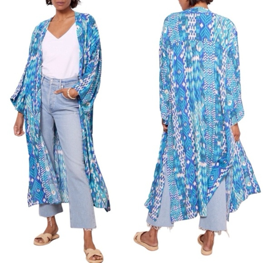 Evereve Sienna Blue Boho Open‎ Maxi Wrap Kimono M/L Oversized Relaxed Resort